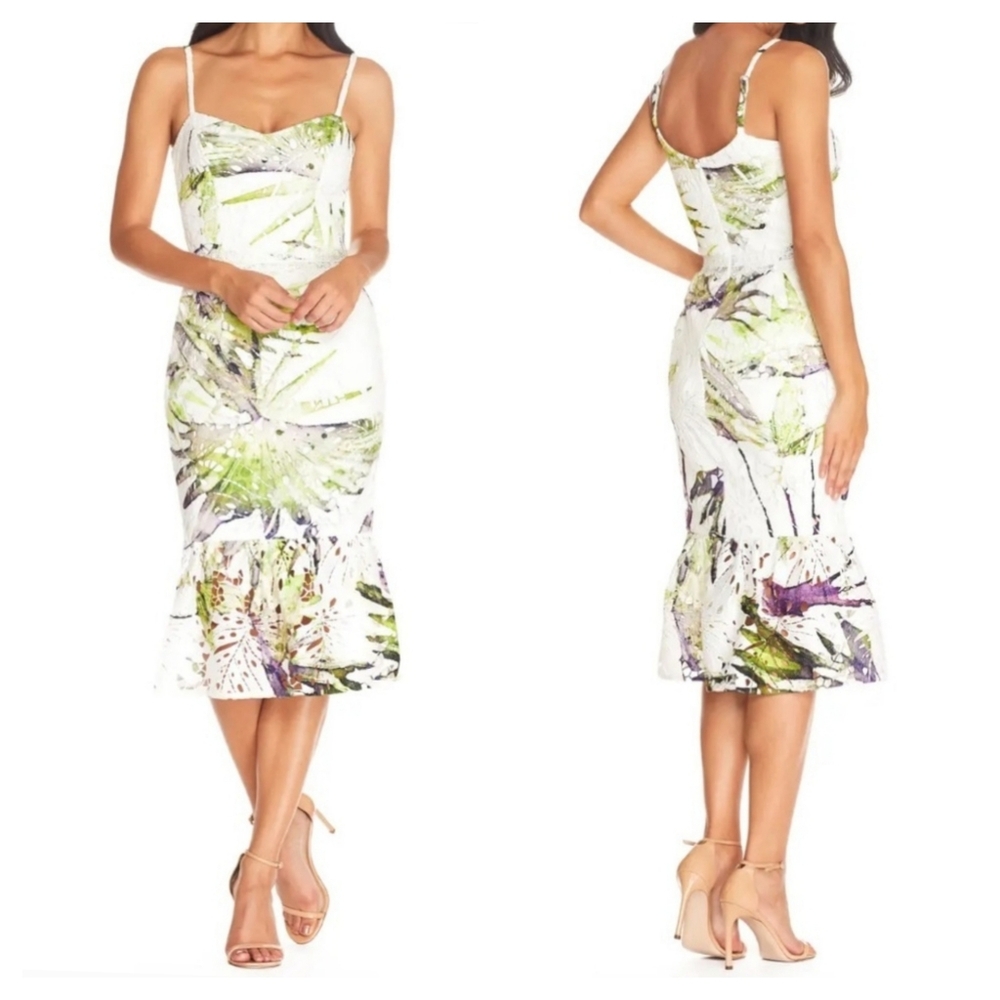 Dress the Population Alea Watercolor Tropical Print Lace Sheath Midi Dress Large